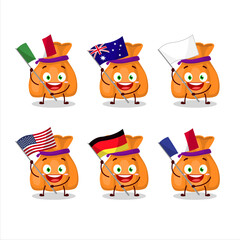 Orange candy sack cartoon character bring the flags of various countries