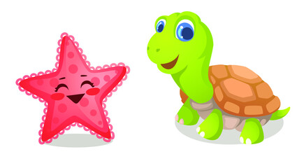 cartoon sea turtle and starfish