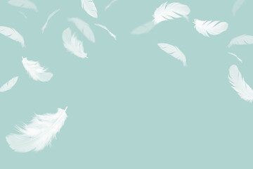 Light fluffy a white feathers floating in the air. Feather abstract, freedom concept  background.