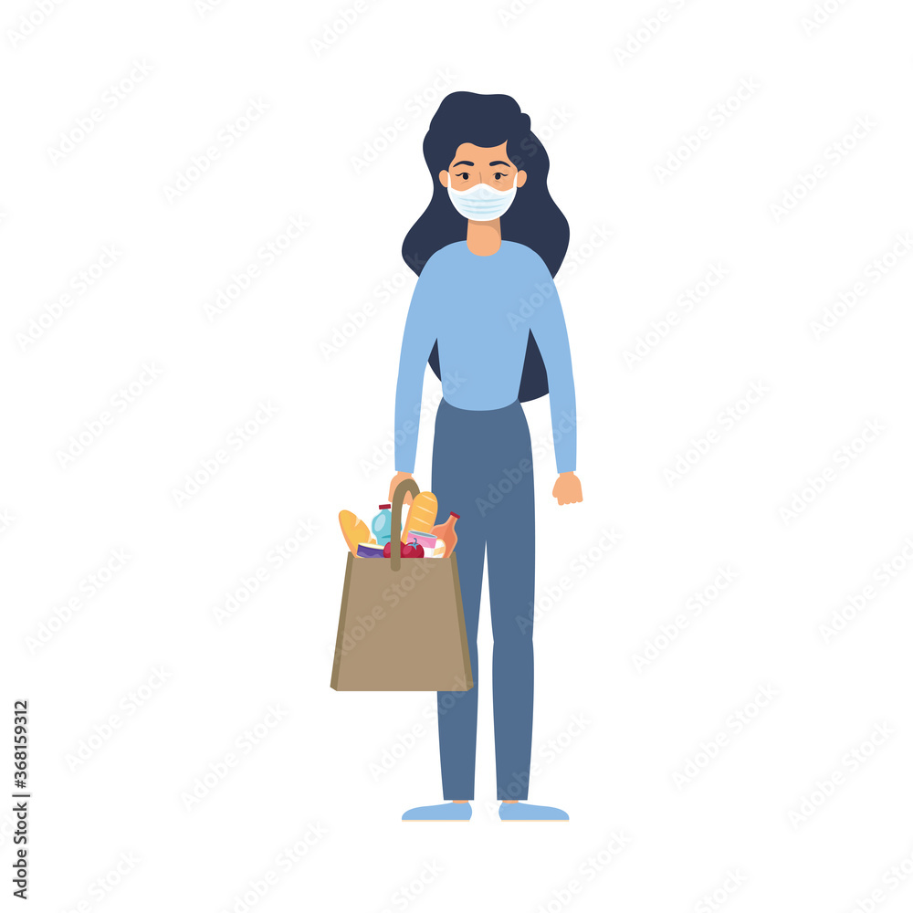 Wall mural young woman using medical mask with market bag