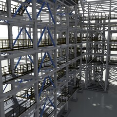 Cover of the construction project of a BIM model of a building made of metal structures. Presentation of the project for the customer, contractor and construction organizer. 3D rendering.