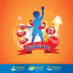 Kids Calcium and Omega 3 Vitamin Concept Vector