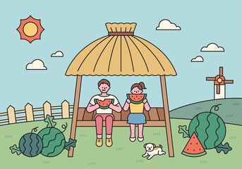 Naklejka premium Cute children are eating watermelon in the shelter in the watermelon field. Korean summer landscape. flat design style minimal vector illustration.