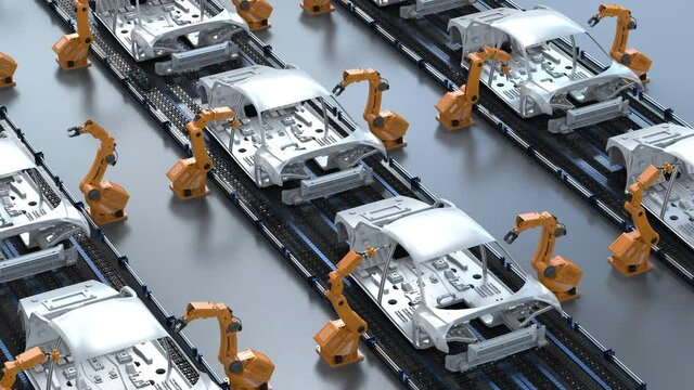 Automation aumobile factory concept with 3d rendering robot assembly line in car factory 4k footage