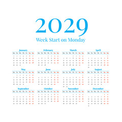 2029 Calendar with the weeks start on Monday