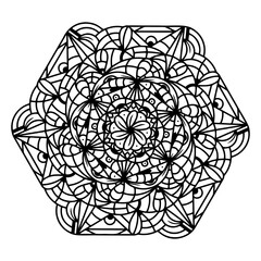 Hand drawn mandala isolated on a white background. Coloring book for children and adults. Simple outline antistress drawing.