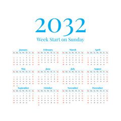 Fototapeta na wymiar 2032 Calendar with the weeks start on Sunday