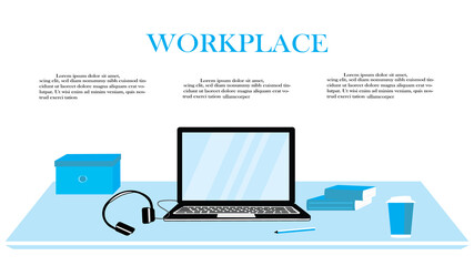 Workplace with laptop, work via internet or online education, remote work concept, web page layout, vector illustration.