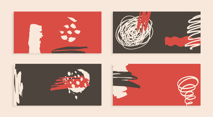 Brown and red modern business cards. Set of abstract vector backgrounds. Hand-drawn spots and waves. Handmade ink illustration. Vector texture for design. Jagged grunge lines.