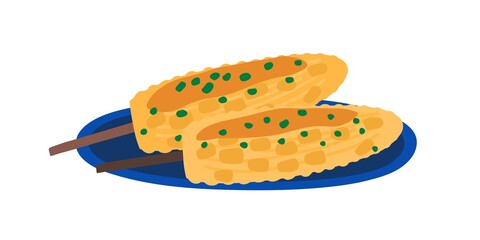 Traditional Cuban, Mexican food, dish. Grilled, baked, cooked corn or corncob. Salty bbq elote cooked for tex mex dinner. Folk cuisine. Flat vector cartoon illustration isolated on white background
