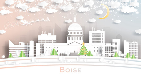 Boise Idaho USA City Skyline in Paper Cut Style with Snowflakes, Moon and Neon Garland.