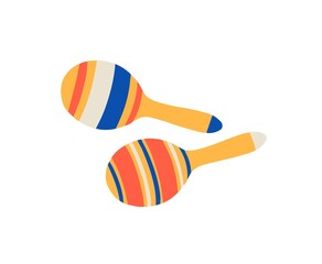 Pair of cuban, mex, mexican maracas for traditional hispanic fiesta or carnival. Music percussion, colorful ornamental rattle instrument. Flat vector cartoon illustration isolated on white background