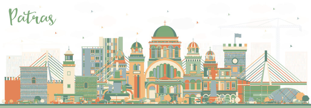 Patras Greece City Skyline with Color Buildings.