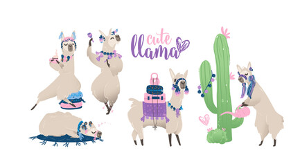 Set with a cute llama from Peru or South America for print, cards and posters.