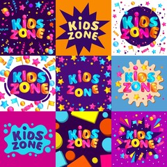 Set of bright banners and templates for kids zone of game room or playground.