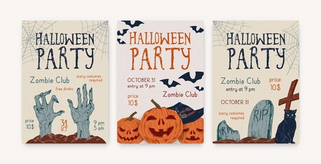 Halloween, All saints day party invitation, poster, template, flyer. Holiday creepy leaflet design. Helloween advertising card, layout with text. Scary pumpkin, zombie. Hand drawn vector illustration