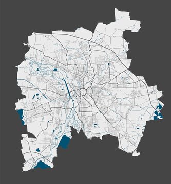 Leipzig map. Detailed map of Leipzig city poster with streets, river.
