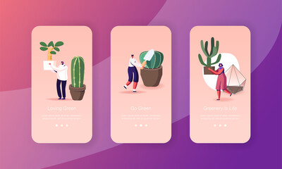 Houseplants Cacti and Succulents Grow Mobile App Page Onboard Screen Template. Tiny People Growing Decorative Plants