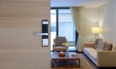 Digital door handle opening to Blurred modern living room 