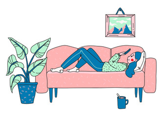 Happy girl looks into the phone while lying on the couch. Smiling woman lies on the couch, watches social networks and drinks coffee at home. Vector illustration in flat style