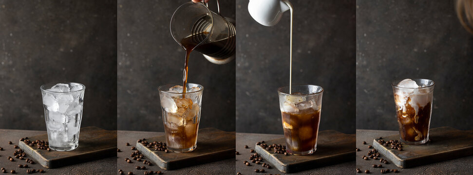 Different phase of prepatimg Cold Brew coffee.Large image for banner.