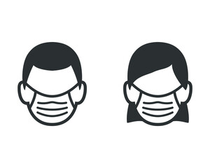 Vector illustration of man and woman wearing medical face mask icons on white background