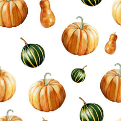 Watercolor hand painted seamless pattern with ripe orange and green pumpkins on light orange background. Perfect for creating unique fall, thanksgiving or halloween designs.