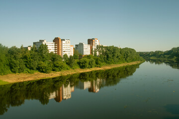 Fototapeta na wymiar River Western Dvina in the center of Vitebsk. The length of the river is more than 1000 km. Belarus