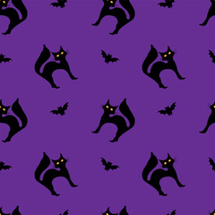 Halloween seamless pattern with bats and black cats against purple background.