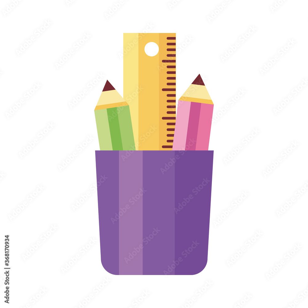 Sticker pencils colors in pencils holders school supplies flat style icon