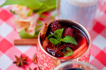 Unique and stylish cups of tea. Strawberry tea. Butterfly pea blue tea, mulled wine, fruit tea, latte coffee.