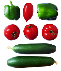 Fresh vegetables-cucumbers, peppers and ripe tomatoes are isolated on a white background