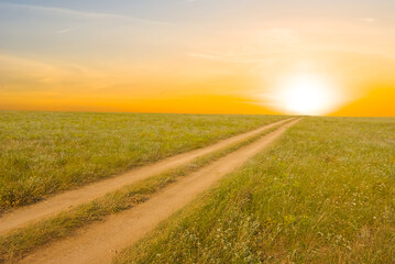 ground road among a prairie at the sunset