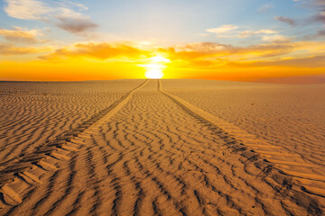 Naklejka premium road through a sandy desert at the sunset