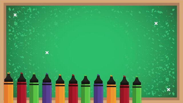 back to school animation with chalkboard and crayons