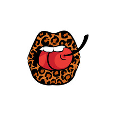 Sexy mouth with leopard print lipstick biting a cherry - cartoon doodle