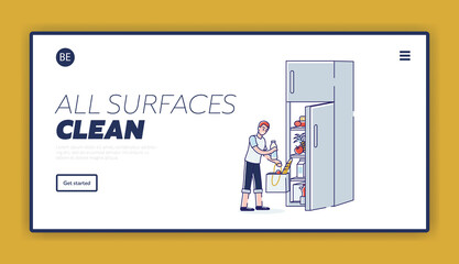 Fototapeta na wymiar Household landing page design with boy cleaning refrigerator on kitchen