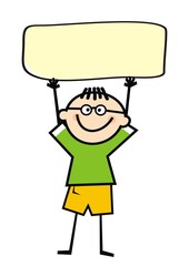 Boy with banner. Creative funny illustration. Concept for marketing campaign. Vector icon, single object. Place for inscription.