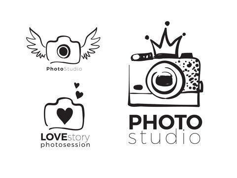 Photography and photo studio hand drawn logo black color sketch. Vector design elements, business signs, logos, identity, labels, badges and branding objects for business. Vector illustration