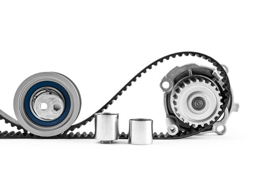 Kit of timing belt with rollers on a white background isolated. Auto Parts