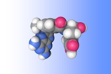 Molecular structure of methotrexate. Atoms are represented as spheres with color coding: carbon (grey), oxygen (red), nitrogen (blue), hydrogen (white). 3d illustration
