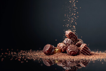 Chocolate candies on a black background sprinkled with chocolate chips.