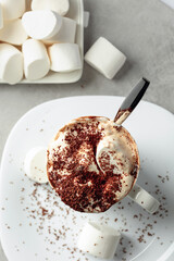 Hot chocolate with marshmallows sprinkled with chocolate crumbs.