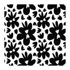 Seamless pattern of black and white silhouette stamp of flowers. Decorative floral elements.