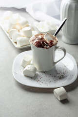 Hot chocolate with marshmallows sprinkled with chocolate crumbs.