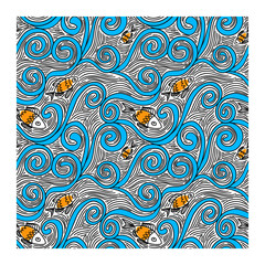 Seamless pattern of fish and waves. Marine themed. Figure for textiles. Repeating texture.