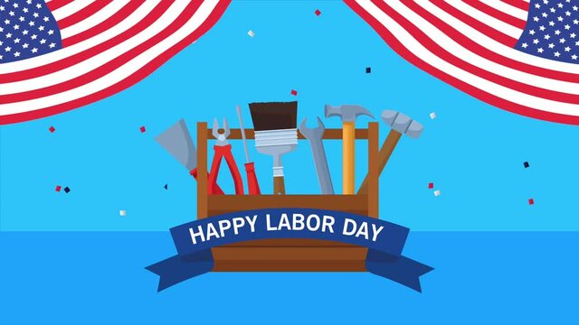 happy labor day celebration with usa flag and toolsbox