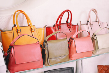 Stylish bags in modern shop