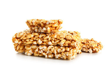 Crispy rice bars on white background