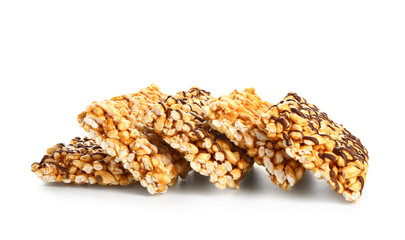 Crispy rice bars on white background